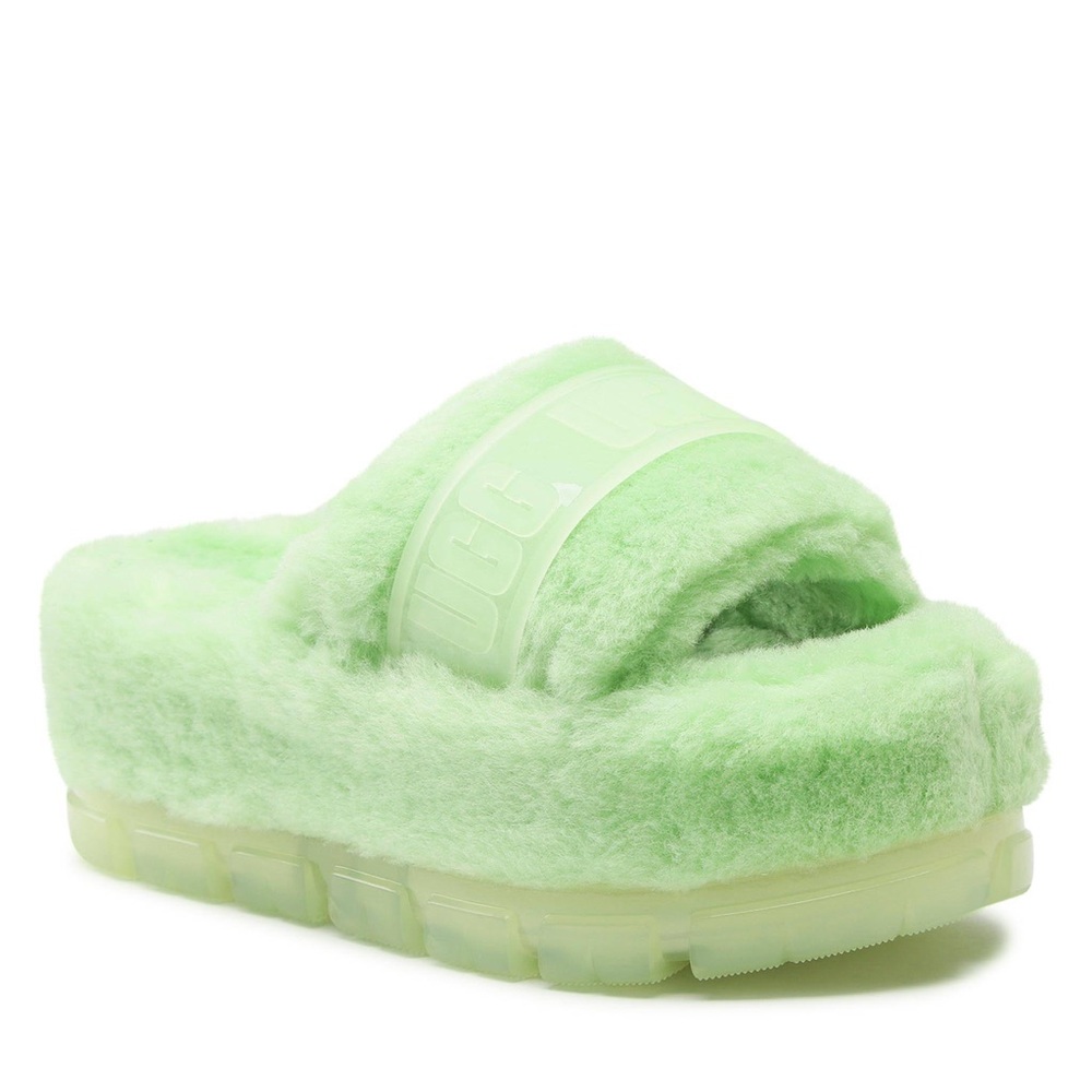 NIB Ugg Fluffita Clear Parakeet Green Slides Slippers Sandals - Size 7